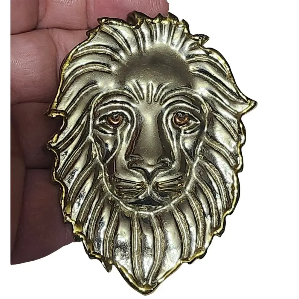 Vtg 1970s Huge Mexican Style Tricolor Mixed Metal Lion Pendant Pin Brooch